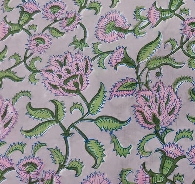 Soft Grey Base Sanganneri Handblock Print with Pink Flowers