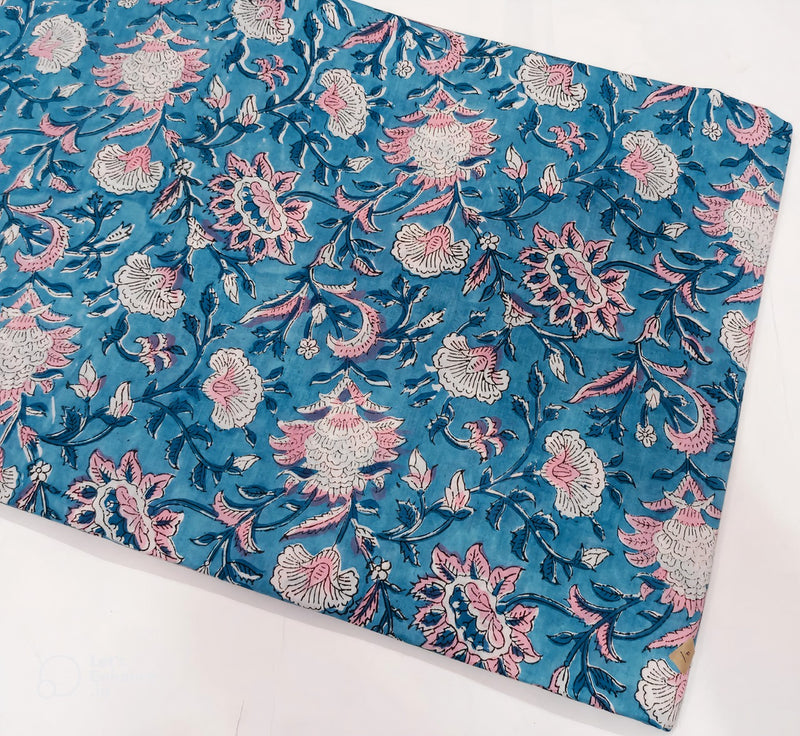 Mystical Blue Floral Sanganneri Handblock Print with Submarine Vines