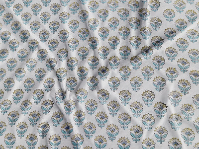 White Base Sanganneri Handblock Print with Yellow Floral Butas