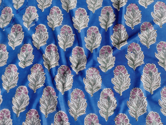 Blue Base Sanganneri Handblock Print with Pink & White Motifs