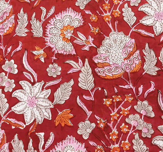 Deep Red Base Sanganneri Handblock Print with Light Pink Floral butas