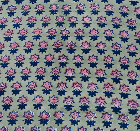 Light Sage Green Base Sanganneri Handblock Print with Blue and Pink Floral Outlines