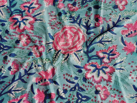 Soft Aqua Base Sanganneri Handblock Print with Pink Florals and Blue Leaf Outlines