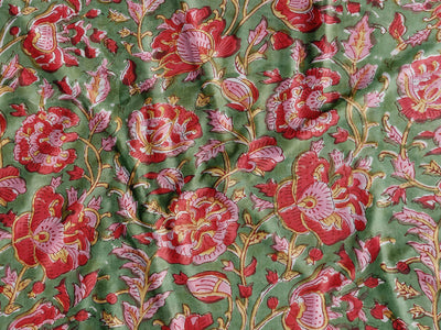 Earthy Olive Sanganneri Handblock Print with Vibrant Red and Pink Floral Motifs