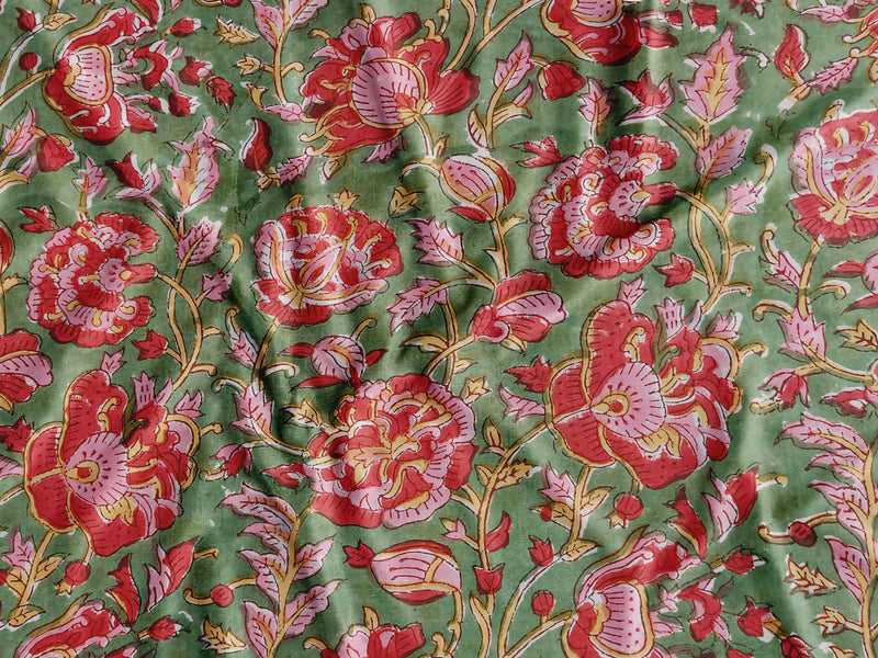 Earthy Olive Sanganneri Handblock Print with Vibrant Red and Pink Floral Motifs