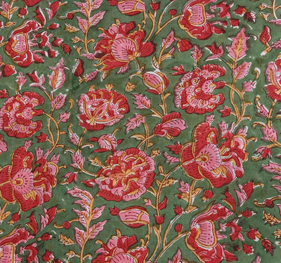 Earthy Olive Sanganneri Handblock Print with Vibrant Red and Pink Floral Motifs