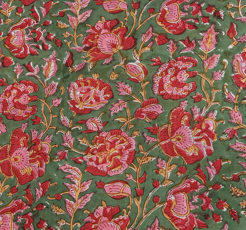 Earthy Olive Sanganneri Handblock Print with Vibrant Red and Pink Floral Motifs